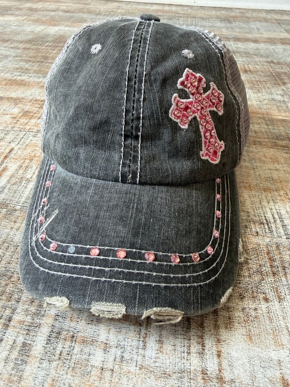 Katydid Gray Distressed Y2K Pink Rhinestone Embellished Cross Baseball Cap